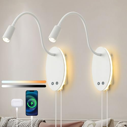 Lightess 2Pcs Liseuse Murale Lampe de Chevet Murale LED Dimmable avec Interrupteur et Port de Charge USB, 4.5W Lampe de Lecture Col de cygne flexible à 360 °, Applique Murale pour Chambre