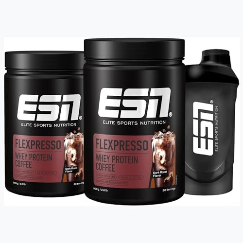 ESN Flexpresso Protein Coffee + Gratis Shaker, Dark Roast, 2 x 908 g, Cremiger Protein-Kaffee mit bis zu 22 g Protein pro Portion - made in Germany