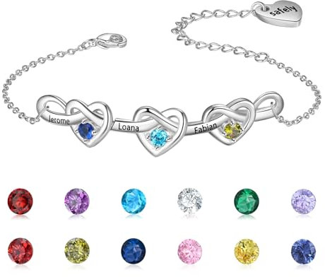 Wamantic Personalised Birthstone Bracelets with 2-8 Names Silver Bracelet Jewellery Heart Friendship Bracelet Christmas Birthday Gifts for Women Girls Mum Sisters Girlfriend (3 Birthstones 3 Names)