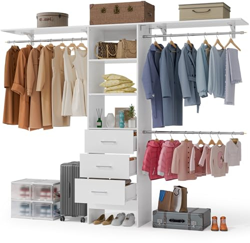 Walk in Closet Organizer System - with 3 Extendable Hanging Rods, Built-in Garment Rack with 6 Shelves, Wall Mounted Clothes Organizers Storage Systems for Bedroom