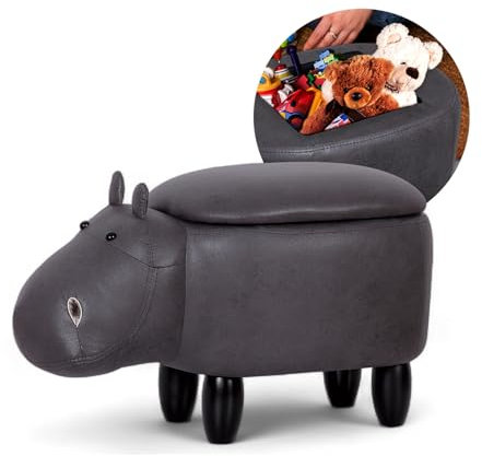 Suleno® Nilpferd Tierhocker mit Stauraum - Niedlicher Organizer & Sitzbox für Kinder, weicher Bezug in Lederoptik, Holzbeine, dekorative Möbel für Kinderzimmer 66 x 36 x 36 cm