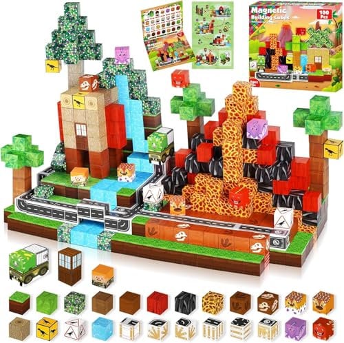 Bloques Magneticos Construccion Niños, 100 Piezas Construcciones Magneticas, Construye un Mundo de Dinosaurios, Juguetes Creativos Montessori Regalo de Pascua para Niños y Niñas de 3 4 5 6 7 8 9 Años
