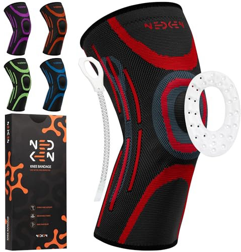 NeDKeN Tutore Ginocchio – Ginocchiera Sportiva Elastica per Menisco Lesionato e Legamenti – Supporto Ortopedico, Fascia a Compressione per Stabilità, Protezione e Recupero (Rosso, L)