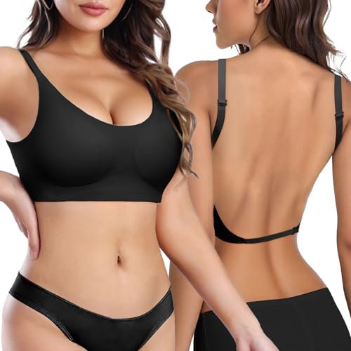 Sahunfri Women's Low Back Bra, Backless Non-Wired Seamless Invisible Bra, Multiway Convertible Strap, Removeable Padding Bra with Adjustable Straps (UK, Alpha, XL, Regular, Regular, Black)