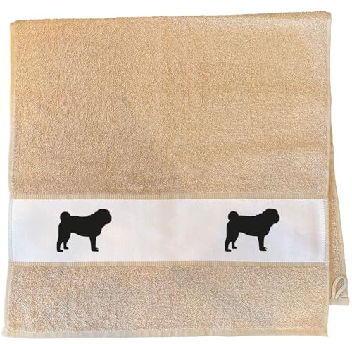 Huuraa Handtuch Mops Silhouette Geschenk | 50x100cm Sand Baumwolle Handtuch Geschenkidee Beige Gästehandtuch mit Motiv Gästetuch Weich und Saugstark