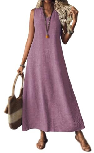 Generisch Abiti in lino da donna 2025, maxi abito senza maniche con scollo a V, casual, lungo, fluente