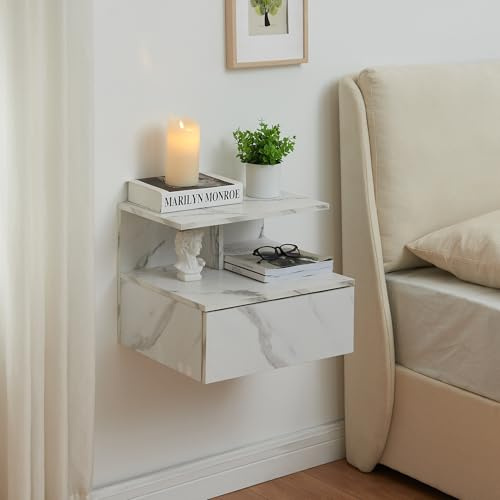 [en.casa] Étagère Murale avec Tiroir Rangement Table de Nuit Chevet Suspendue Design Intemporel Capacité de Charge 5 kg Panneaux de Particules 40 x 35 x 31 cm Effet Marbre Blanc