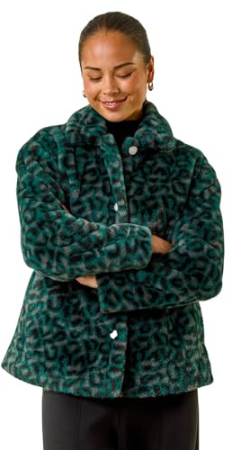 Roman Petite Leopard Faux Fur Coat for Women UK - Ladies Everyday Autumn Winter Collared Neckline Comfy Soft Evening Vacation Work Party Night Out - Petite Green - Size 12