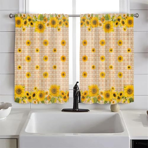 Odot Bistrogardine,Weihnachten Muster Nicht Scheibengardine,Küchengardinen mit Stangendurchzug,2 Stück Vorhänge Wohnzimmer,Gardinen Kurz für Küchen Esszimmer Badezimmer (Sonnenblume,80x120cm)