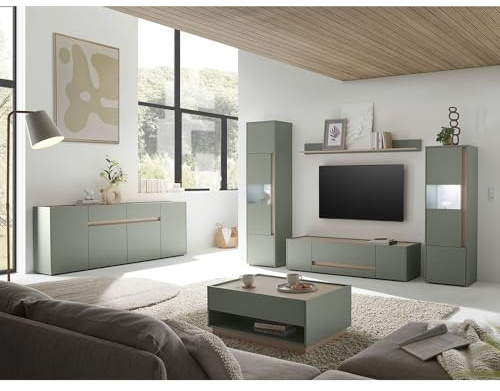 Lomadox Wohnzimmer Set in grün mit Eiche inkl. Beleuchtung, 6-teilig mit Sideboard, Couchtisch, Vitrinen, Regal