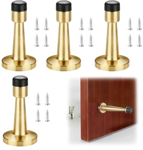 4 Pcs Door Stoppers for Skirtings, Antique Brass Door Stop with Screws, Doorstop with Rubber Bumper Tips, Protect Walls from Damage, Reduce Noise for Office Home Hotel Outdoor Indoor (Gold)