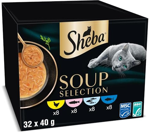 SHEBA Soup Adult Katzen-Nassfutter Portionsbeutel mit Huhn, Thunfisch, Lachs und Weißfisch 32 x 40g