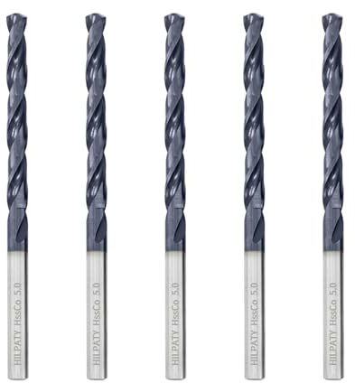 Hilpaty Cobalt Drill Bits 5.0mm x 5pcs M35 HSS Drill Bit for Metal, AlTiN Coating, Standard DIN 338 (5.0mm x 86mm x 5pcs)