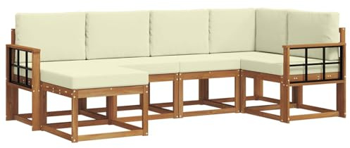 vidaXL Outdoor-Sofagarnitur mit Kissen 6 pcs Natur und Creme, Outdoor-Sofa-Set, Moderne Terrassenlounge, langlebige Gartenmöbel, modular, Terrassensitzmöbel