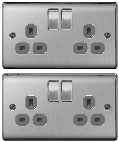 Pack of 2 x BG NBS22G Brushed Steel/Satin Chrome Twin Switch Sockets - 13amp