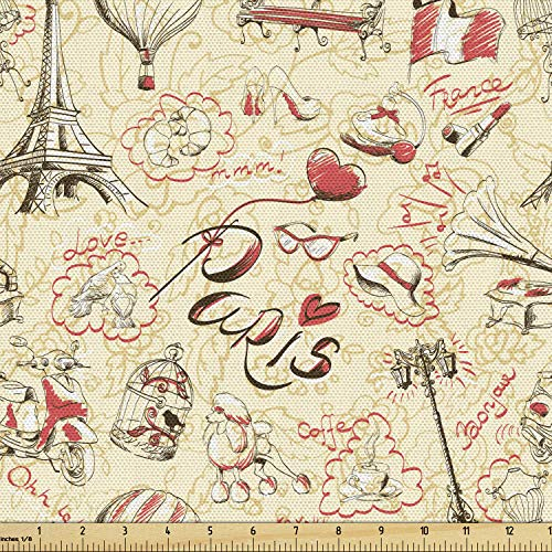Lunarable Paris-Stoff von The Yard, Französische Kultur Doodle mit Luftschiff Croissants Kaffee Hut Sonnenbrille Lippenstift Dekostoff für Polster und Home Accents 2 Yard Gelb Schwarz