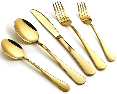 Gold Besteck Set Edelstahl, 40 Stück Anti-Rost Hochglanz Poliert Besteck Gold Utensilien Set Service für 8 Personen mit Geschenkverpackung, spülmaschinenfest