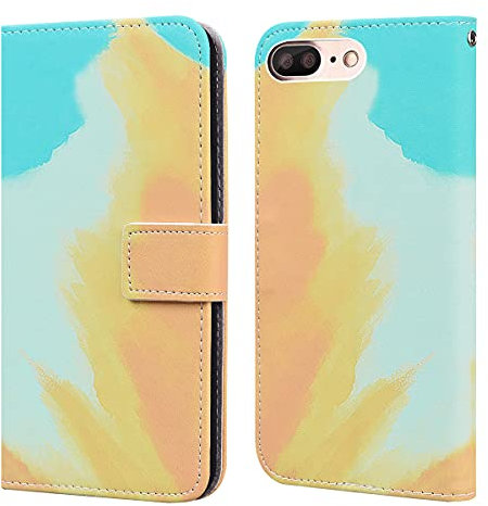 Flip phone case for Iphone 7 PLUS Iphone 8 PLUS PU Leather Wallet Card Slots Flip Case Watercolor Gradient Ramp Graffiti Art Printing with Stand Function Magnetic Protective Cover (Yellow Cyan)