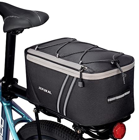 JXFUKAL Rear Bike Rack Bag with Rain Cover, 7L/9L/10L/12L Waterproof Bicycle Ebike Saddle Bag Cycling Pannier Trunk Carrier with Reflector & Adjustable Cord for Commuter Travel Outdoor