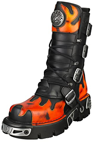CARAMBAShop NEW ROCK Boots Reactor Black Pulik Fire Flames Buckles Leather Leather Boots Metallic Flames Black M.591-S16, Black/White, 10 UK