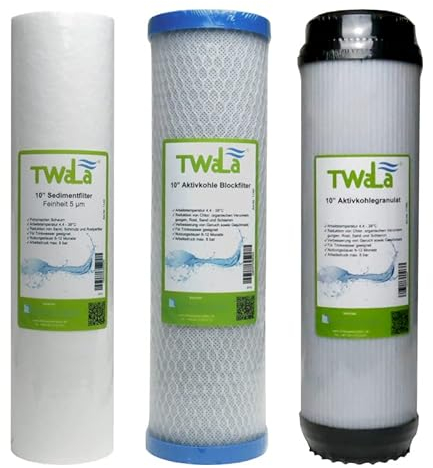 TWaLa Wasserfilter Set 10 3-teilig Ersatzfilter Umkehrosmose Anlage RO Sediment Aktivkohleblock Aktivkohlegranulat (3 Vorfilter mit Granulat)