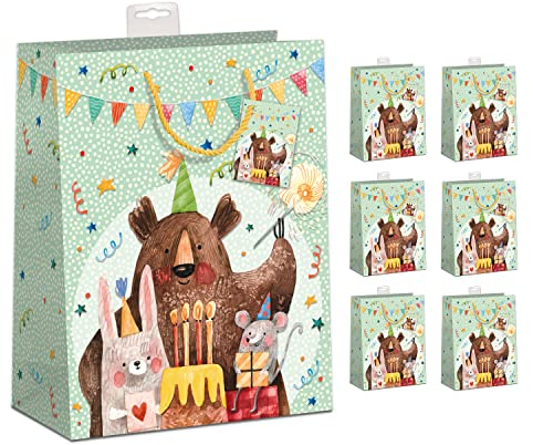 PremiumLine Geschenktaschen 6 Stück edle Geschenktüten Papier Tragetasche DIN A3 Geburtstag Geschenkbeutel mit farbiger Kordel und Namenskarte Skorpion Papeterie Größe: Jumbo 33x45x12cm