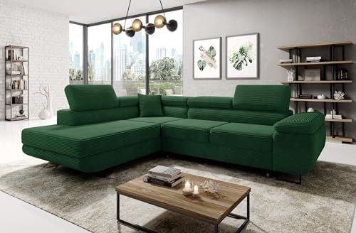 MODERNO Ecksofa mit Schlaffunktion aus Cord - Big Sofa ASTORP - Couch L Form - Schlafsofa mit Bettkasten und Kopfstützen - 277x203x100 cm - Links - Grün - Poso 14