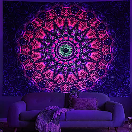 Ricemru Wandteppich Mandala Schwarzlicht 150x100 Liebe UV Reaktiv Wandbehang Psychedelic Trippy Wandtuch Fantasy Indisch Hippie Wanddeko Tapestry Wandkunst Deko,230x180