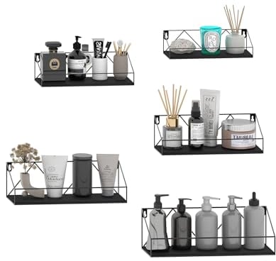 HORLIMER 5er-Set Wandregal, Schweberegal mit Schwarz Metal Stäben und Schwarz Holzbrett, Rustikale Regal Wand für Küche, Bad, Schlafzimmer, Wohnzimmer und Büro (M-förmig)