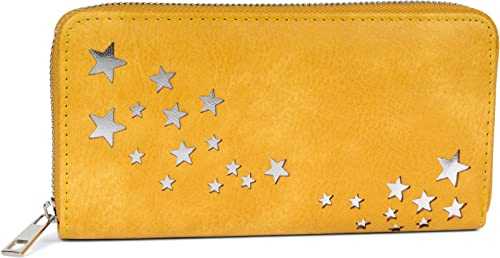 styleBREAKER Damen Portemonnaie mit Metallic Stern Cut-Outs, Reißverschluss, Geldbörse 02040115, Farbe:Curry