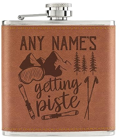 Personalised Getting Piste Skiing 6oz PU Leather Hip Flask Tan