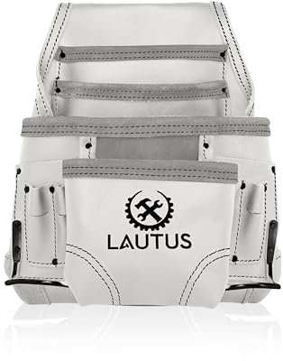 LAUTUS Oil Tanned Leather Tool Pouch Bag | White| Carpenter, Construction, Framers, Handyman | 10 Pockets, 2 Hammer Holders | 100% Leather