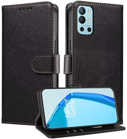 GoodcAcy Handyhülle Kompatibel mit OnePlus 9 Pro Hülle Premium Echtleder Lederhülle Klappbar Flip Case Tasche Magnet Kartenfach Standfunktion RFID Blocker Schutzhülle,Schwarz