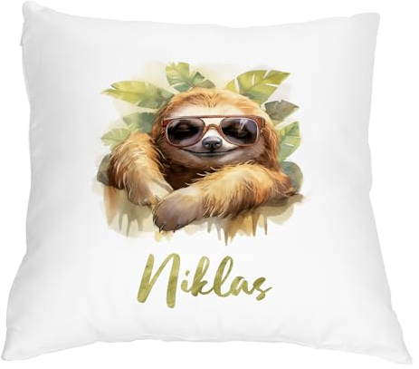 Kuschel-Kissen personalisiert Faultier-Motiv im Comic-Stil (Sonnenbrille) | mit Wunschname Bedruckt | Witziges Dekogeschenk | 40 x 40 cm