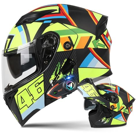 Motorradhelm mit Bluetooth Klapphelm Doppelvisier Modularer Helm ECE Zertifiziert Integralhelm mit Mikrofon für Automatische Reaktion Intercom Sturzhelm für Erwachsene Damen Herren