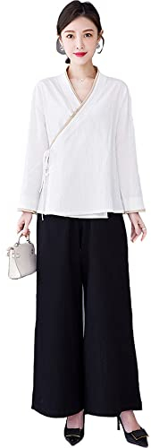 Kung-Fu-Uniform für Damen, Tai-Chi-Kleidung, Kampfsportanzug, Baumwolle und Leinen, chinesischer Stil, literarische Zen-Tee-Kleidung, Tang-Anzug, Oberteil, Meditationskleidung, Blau-M (Weiß XL)