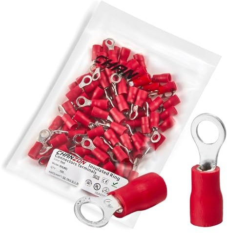 Chanzon 100pcs Red Ring Terminals - #8 M4 - UL Listed Insulated PVC Eyelet Wire Connector 22-16AWG Gauge Electrical Crimp Connector for Boat Truck Stereo Car