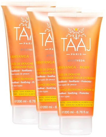 TAAJ | Gélée de Douche Gourmande Fleur d'Oranger | Effet Raffermissant et Revitalisant | Mousse Délicate et Fondante | Fabriqué en France | CrueltyFree | Lot de 3x200ML