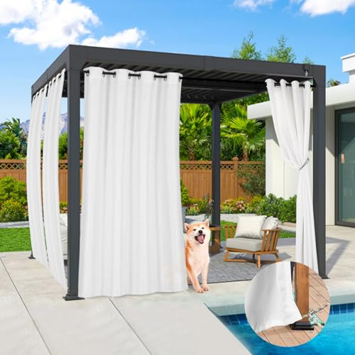 Qelus Outdoor Vorhang Wetterfest, 2er Set Halbtransparent Chiffongefühl Outdoorvorhänge Wasserdicht mit Ösen, Dekoschal Sonnenschutz Sichtschutz für Balkon Garten Terrasse Pavillon, B132xH213cm, Weiß