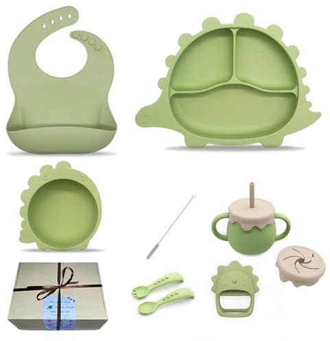 Joyeuse Planet - Coffret Repas Bébé en silicone Avec Ventouse Anti-dérapant - Anneau de dentition offert - 8 pièces - Coffret cadeau naissance - Pack vaisselle - Assiette silicone ventouse (Vert)
