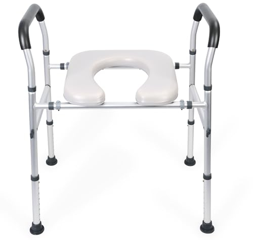 Kripyery Asiento de inodoro elevado con pasamanos, ancho y altura ajustable, asiento de inodoro elevado con brazo, inodoro con asiento amplio, hasta 300 libras, elevador de inodoro para personas