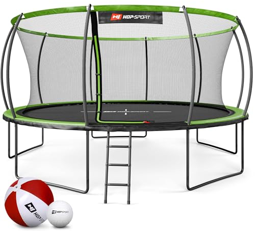 Hop-Sport Trampolin Outdoor Ø 305/366/427/488 cm - Trampolin mit innovativen, gebogenen Netzstangen, Sicherheitszertifikaten und Sicherheitsnetz (Grün/Schwarz, 488 cm)