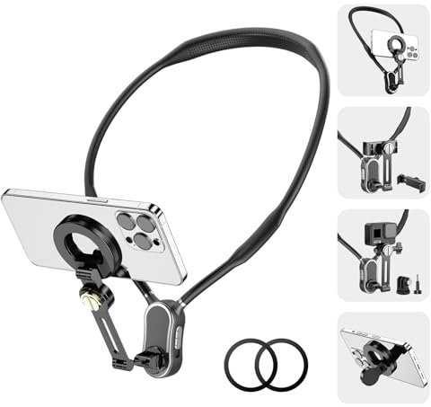 Aircawin 4 in 1 Magnetic Neck Phone Holder, Neck Mount for iPhones,POV/Vlog Phone Holder for Recording w/Chest Strap/Phone Clip Selfie Mount Neck Tripod for iPhone/Android/Go Pro DJI Camera-Black