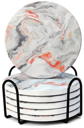 WSRY-Home Ceramic Coasters Set of 6,Drink Coasters with Holder and Cork Base for Mugs Cups and Glasses,Orange Marble Coasters