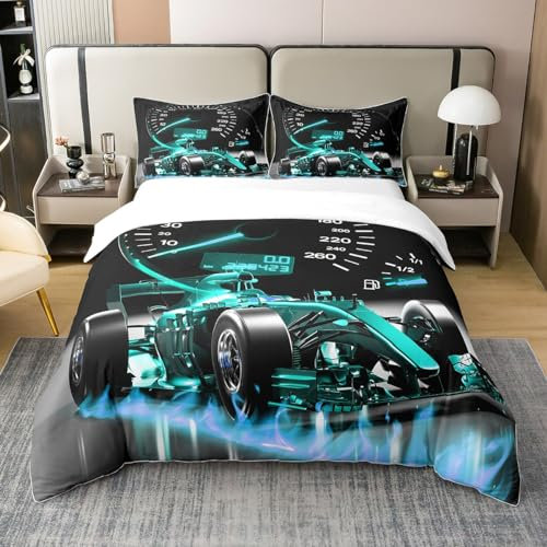 Loussiesd Sportwagen Bettwäsche Set 155x220cm 100% Baumwolle Formel Rennauto Bettbezug Set Kinder Jungen Mädchen Extremsport Thema betten Set Cool SpeedBlaugrün Blau Dekor Schlafzimmer Kollektion