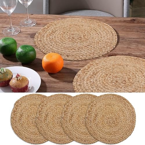 Craft Trade Woven Placemats Rattan Hyacinth Wicker Placemats for Dining Table Indoor Outdoor Dining Table Mat (Pack of 4, 13 Round)
