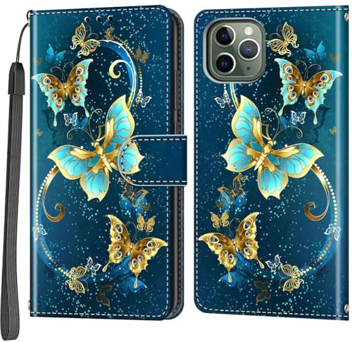 Salanheo Wallet Case for iPhone 11 Pro, Golden Green Butterfly | Card Slots, Kickstand, Shockproof, Magnetic Closure, PU Leather, Flip Wallet Book, Lanyard Strap