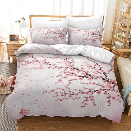 CXYXHW Parure de lit au Motif Fleurs Cerisier 3 Pièces,Housse de Couette Japonais Microfibre,Fermeture Éclair 2 Taies d'oreiller