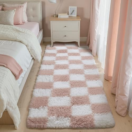 HUGEAR Tapis de Couloir Shaggy Tapi Damier Rose Blanc Antidérapant Moderne Descente de lit Chambre Adulte Fille Enfant Cuisine Salon Bureau Doux Long 60x180cm Decoration Chambrel