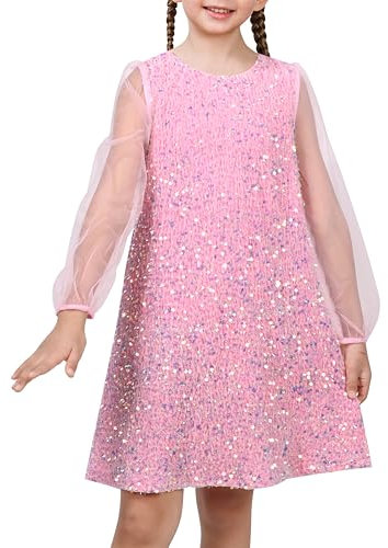 Sunny Fashion Robe Fille Rose Éclat Virer Mesh Manche Longue Élégant Formel Robe Partie 10 Ans